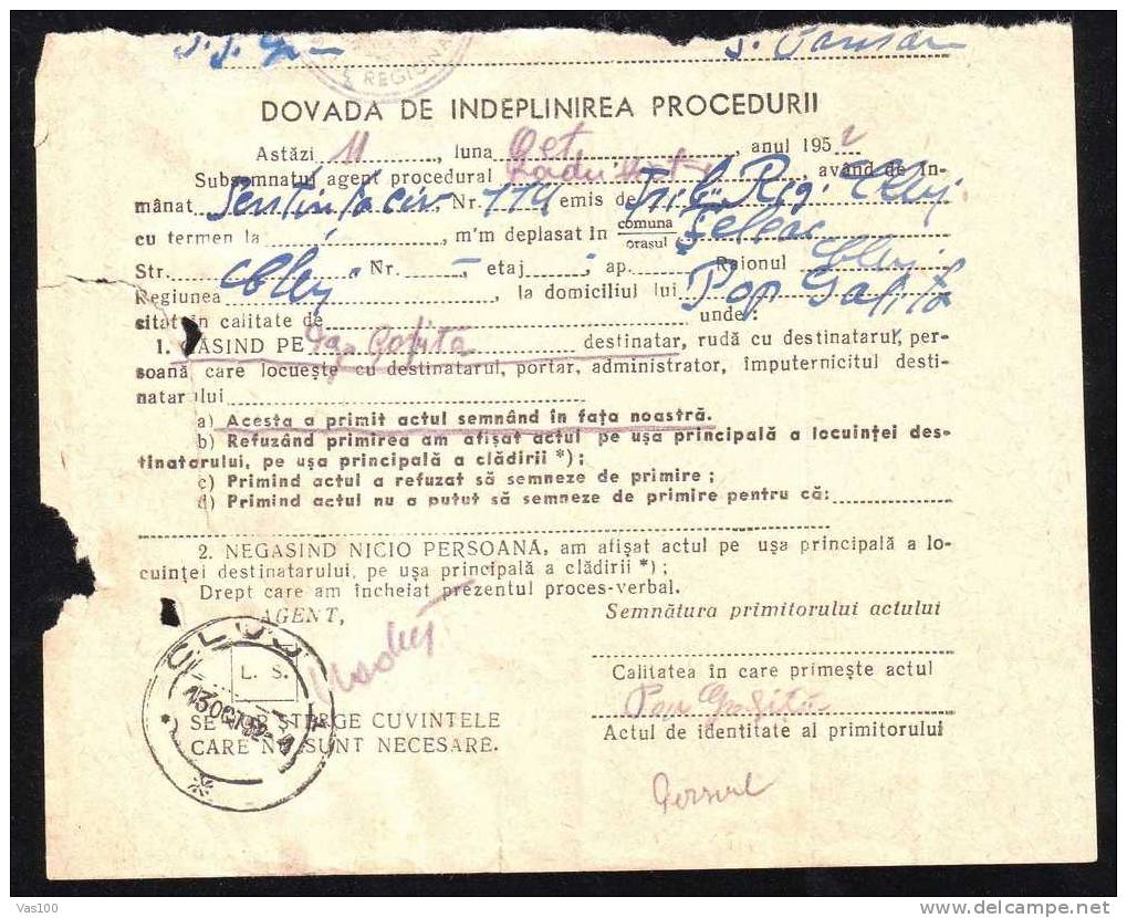 "Dovada De Indeplinirea Procedurii" Document,Registred,  With Stamp 1952 RRR, - Briefe U. Dokumente