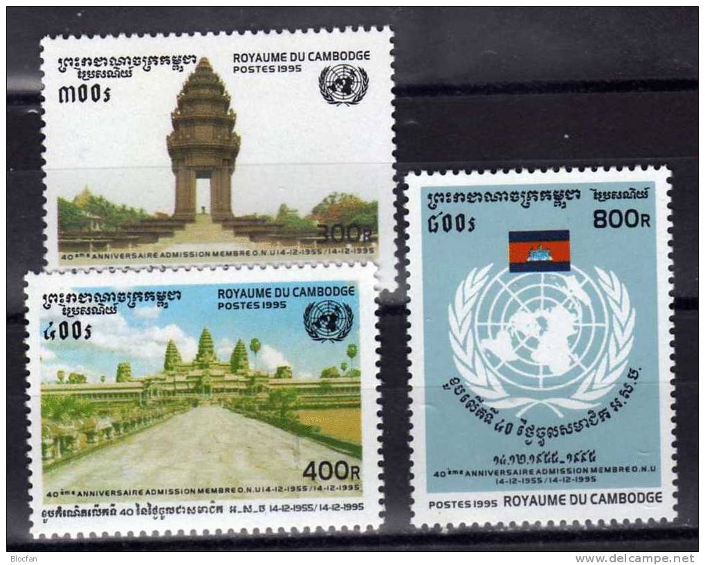 Emblem, Landschaft, Pagode Kambodscha 1552/4, ZD-Paar + 4 - Block ** 32€ - Budismo