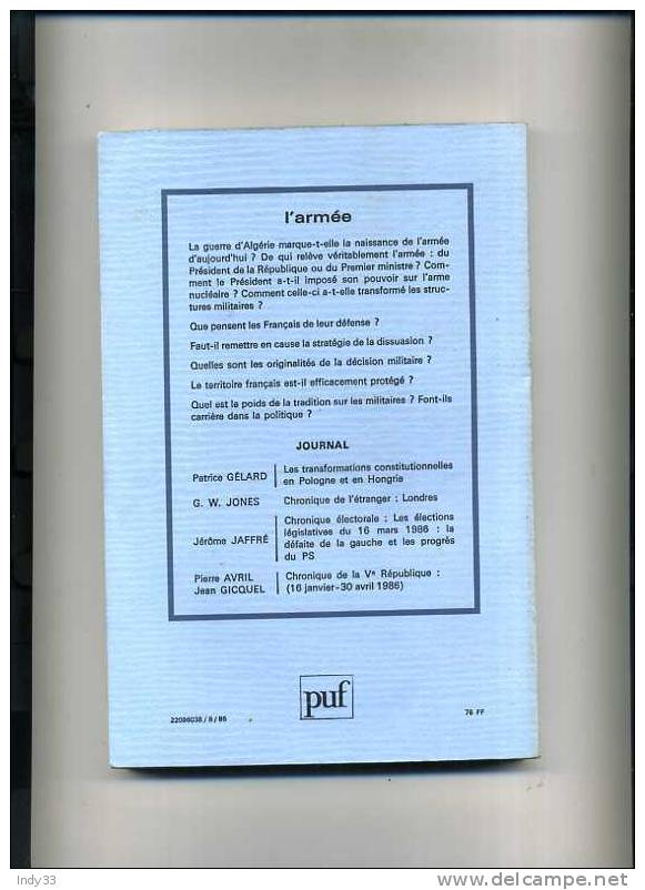 - L´ARMEE . REVUE POUVOIRS (cnrs)1986 N°38  EDIT. PUF - Francese