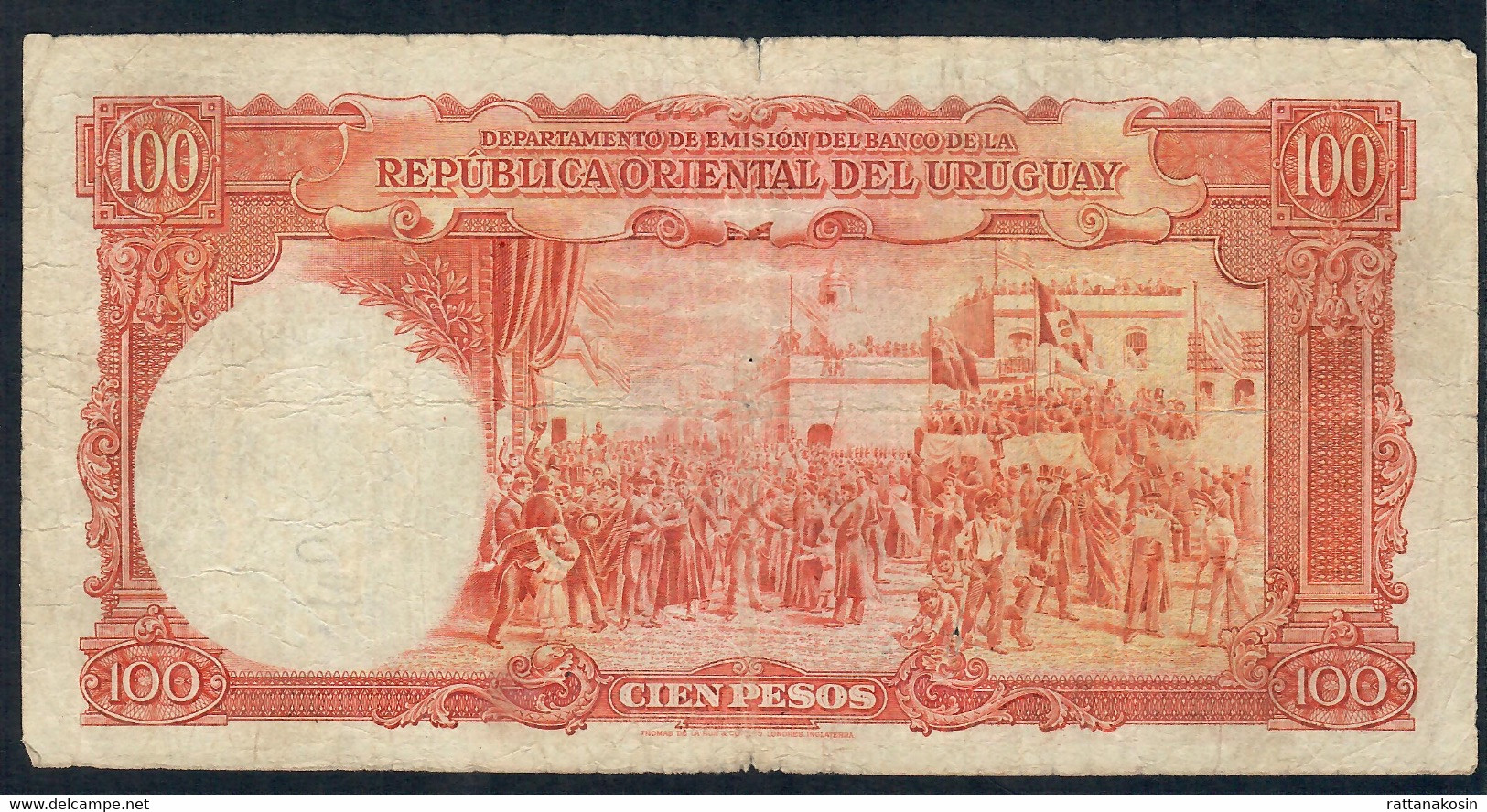 URUGUAY  P31a   100  PESOS 1935  2 SIGN.   FINE - Uruguay