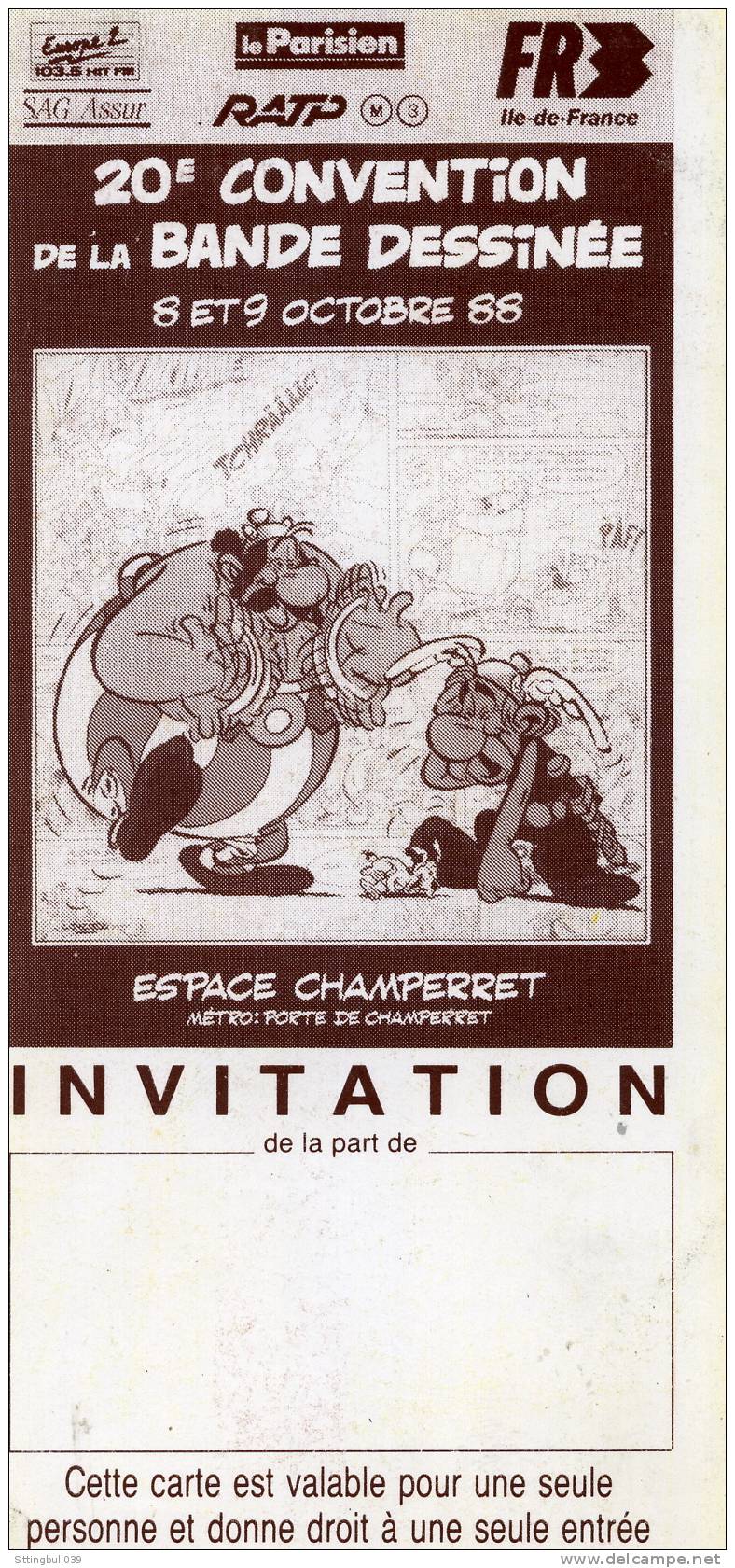 ASTERIX. 20ème CONVENTION DE LA BD PARIS CHAMPERRET. INVITATION FORMAT MARQUE-PAGE. 1988 - Advertisement