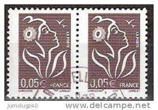 Timbre France Y&T N°3754ax2 (1) Obl. Paire.  Marianne De Lamouche, 0.05 € (ITVF En GAO). Bistre-noir. Cote 0.30 € - 2004-2008 Marianne Of Lamouche