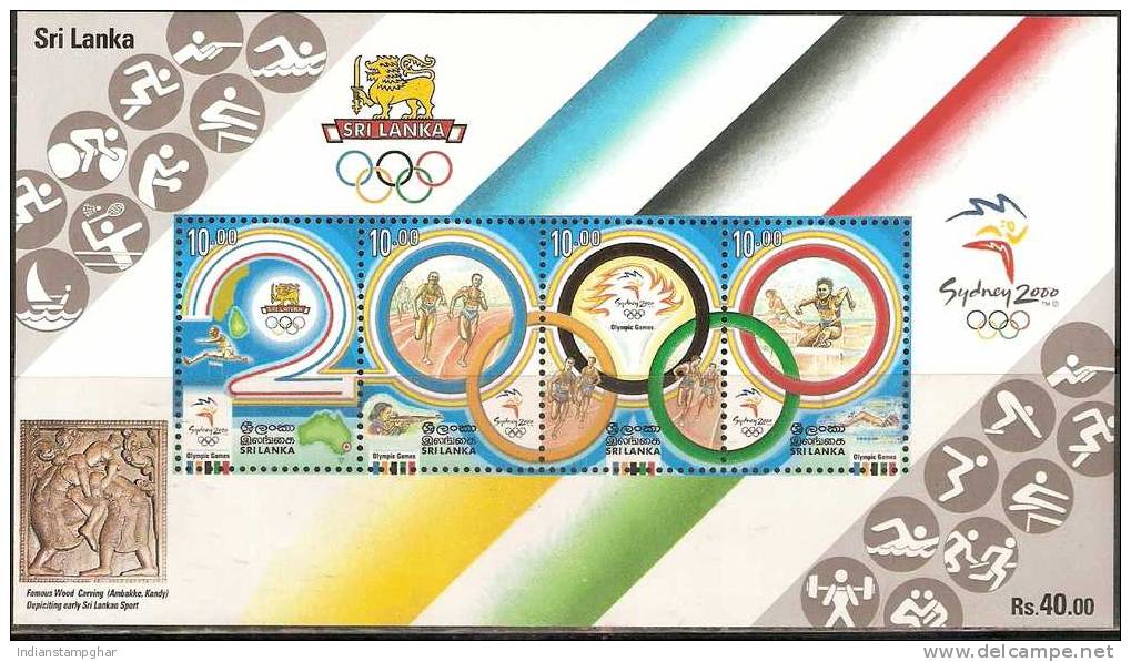 Sri Lanka  4v M/S,MNH, Sydney 2000 Olympic Games,Swimming, Shooting,M/S Also Depicting Famous Wood Carving Early Sri Lan - Verano 2000: Sydney