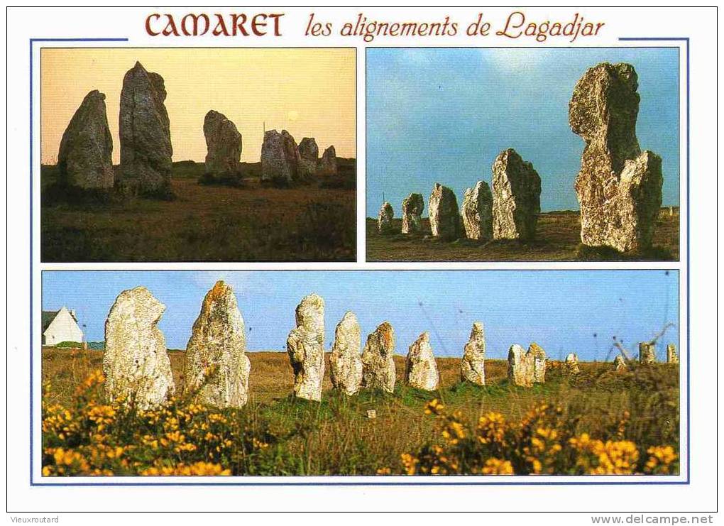 CPSM. CAMARET.(29). ALOGNEMENT MEGALITHIQUES DE LAGADJAR 143 MENHIRS DE L'EPOQUE NEOLITHIQUE RECONTRUIT EN 1928. - Dolmen & Menhire