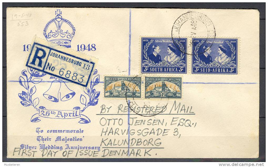 South Africa Johannesburg Registered Label FDC Cover 1948 To Denmark Silver Wedding King George VI - FDC