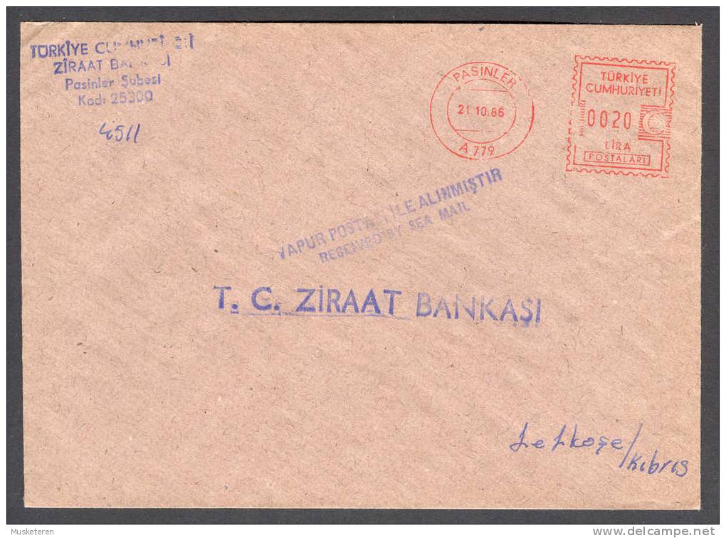 Turkey Deluxe PASINLER Meter Stamp Cover 1986 Received By Sea Mail Cancel To Bank In Lefkosa Nicosia Cyprus Cypern - Covers & Documents