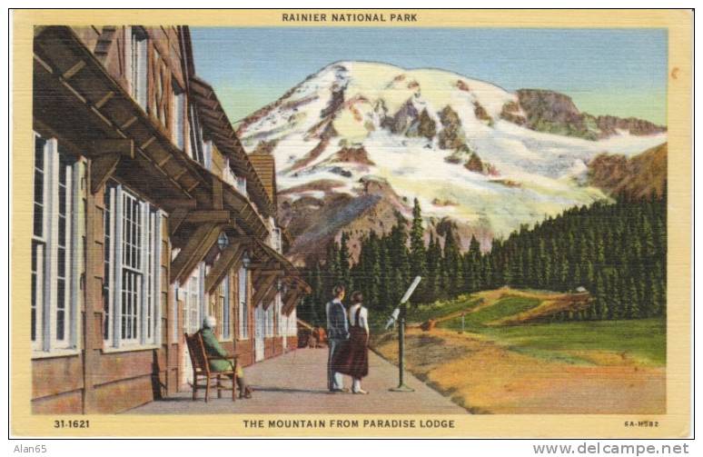 Mt. Rainier National Park , Paradise Inn, Telescope On 1936 Vintage Curteich Linen Postcard - Parques Nacionales USA