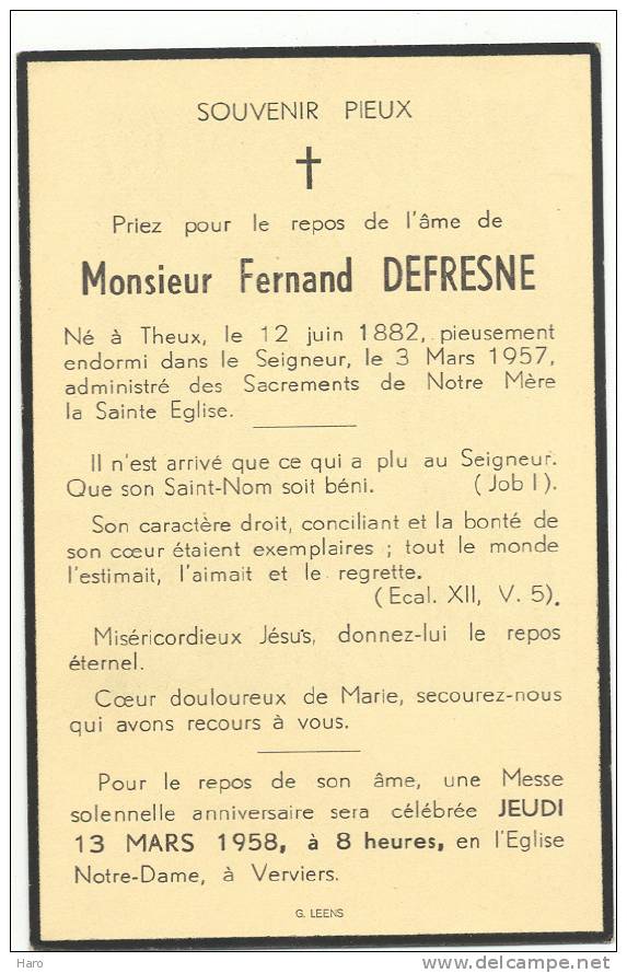 Faire-part De Décès De Mde Marie Piront épouse De F. Defresne  - Verviers 1951 - Altri & Non Classificati