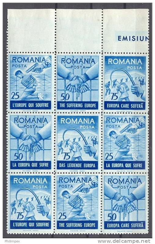 ROMANIA, EXILIE ISSUE EUROPA 1959, BLOCK OF 9 BLUE MNH - RARELY OFFERED! - 1959