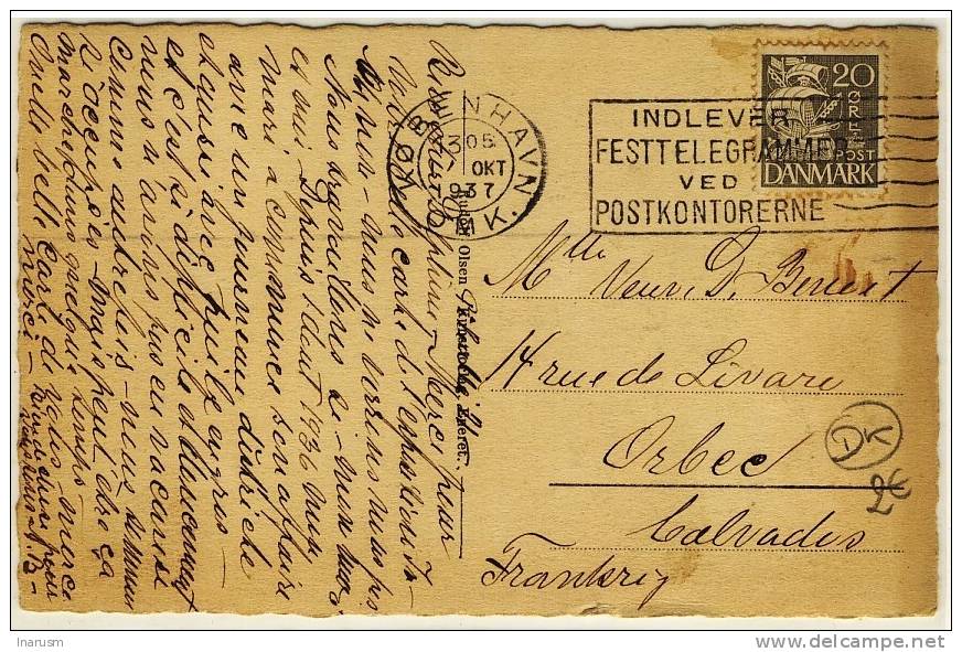 DANEMARK - " KOBENHAVN / OMK / 1937 " + " INDLEVER / FESTTELEGRAMMER / VED / POSTKONTORERNE " - Maschinenstempel (EMA)