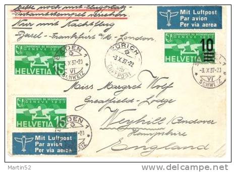 Schweiz Suisse 1937: Nachtflug Basel-Frankfurt-London Mit Vignette "Baden-2000 Jahre Heilerfolg" - Kuurwezen