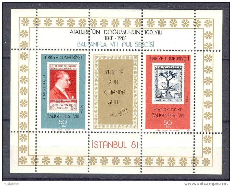 Turkey 1981 Mi. Block 20 Miniature Sheet Kemal Atatürk BALKANFILA VIII. MNH** - Unused Stamps