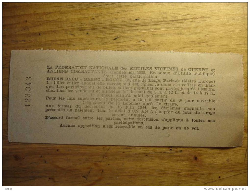 ANCIEN BILLET DE LOTERIE NATIONALE DE 1948 Avec Son Timbre - Fédération NAtionale Des Mutilés - Fédération André Maginot - Billets De Loterie