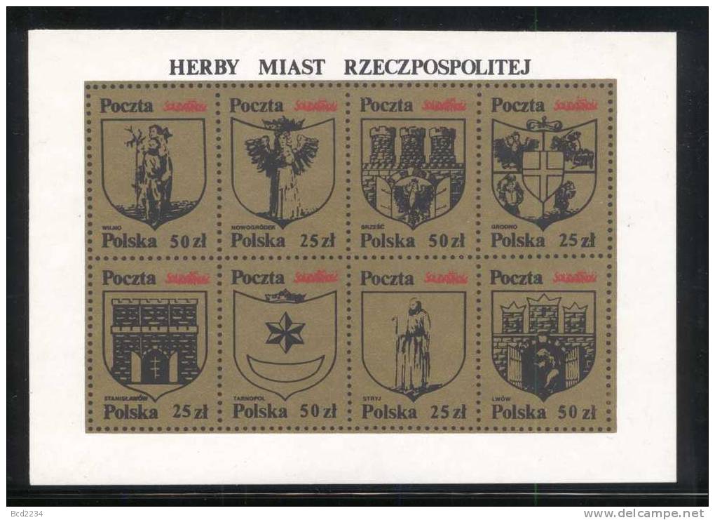 POLAND SOLIDARNOSC CRESTS OF INDEPENDENT POLISH & LITHUANIAN TOWNS SET OF 2 MS GOLD CHALKY PAPER (SOLID0161/0339) - Vignettes Solidarnosc