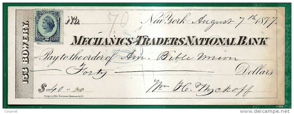 US - REVENUE STAMP On 1877 MECHANICS TRADERS NATIONAL BANK - NEW YORK  Check - Steuermarken