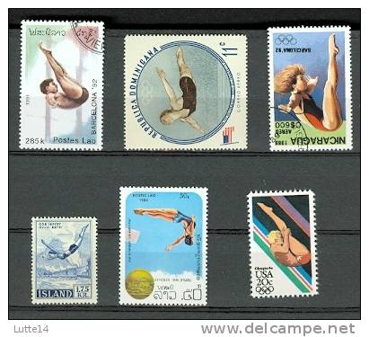 Lot De 6 Timbres N°03- PLONGEON: Dominique - Laos - Nicaragua - Islande - Usa - High Diving