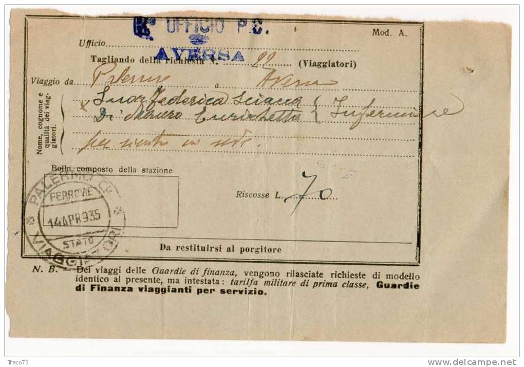 AVERSA - PALERMO - 14.04.1935  / BIGLIETTO TRENO MOD. "A" Anche  X GUARDIE DI FINANZA - Europa