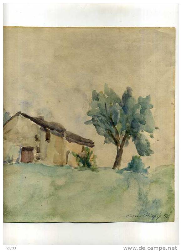 -VUE D´UNE MAISON A LA CAMPAGNE . AQUARELLE SIGNEE L. NOGUE ET DATEE 50 - Acuarelas