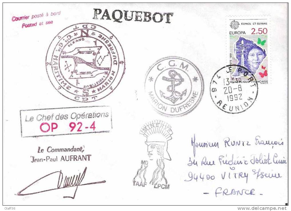 TAAF PAQUEBOT MARION DUFRESNE LE PORT LA REUNION 20/8/92 OP 92-4 - Other & Unclassified