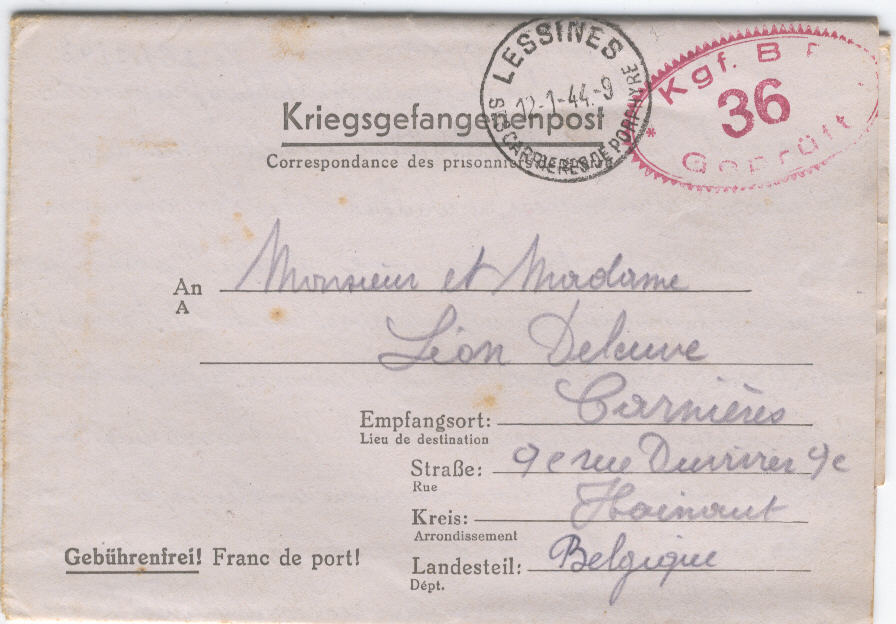 Prisonnier Belge Stalag IA (Stablack) - CARNIÈRES 1944 - Via LESSINES : Obl 12-1-44 + "ses Carrières De Porphyre" - Guerre 40-45 (Lettres & Documents)