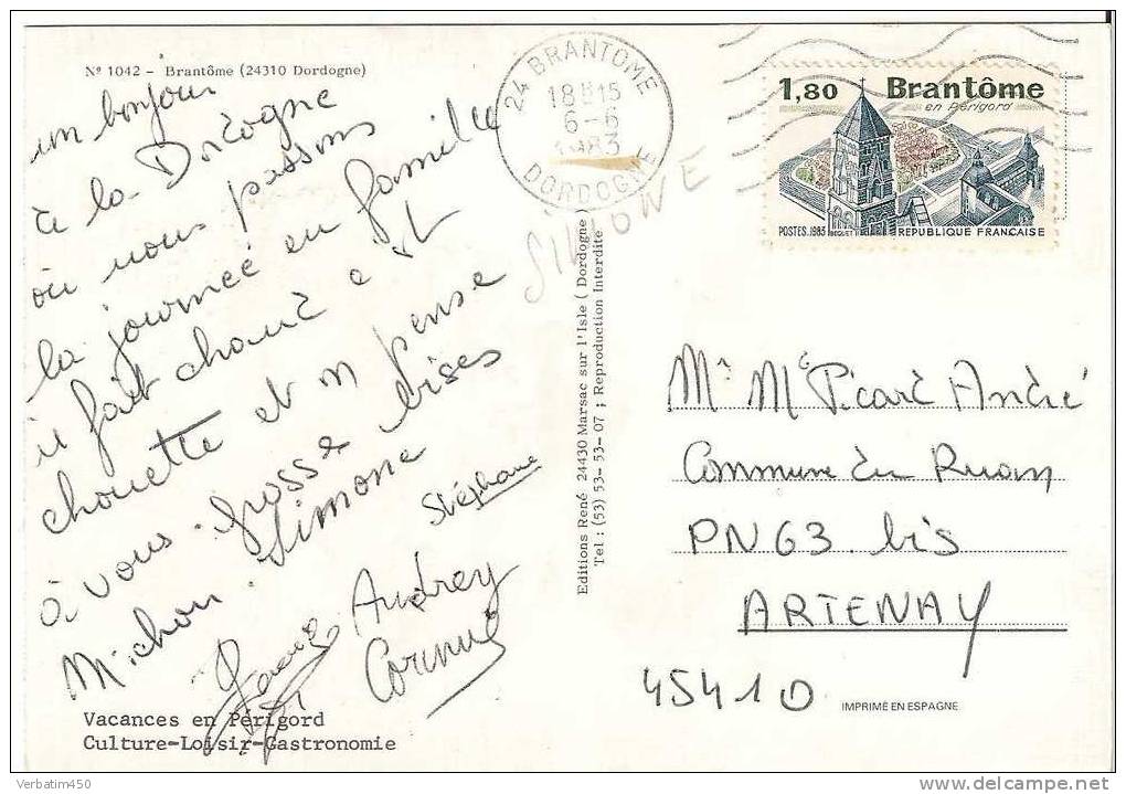 24..BRANTOME..MULTIVUES..POSTE DE BRANTOME AVEC TIMBRE BRANTOME A 1.80..1983 - Brantome