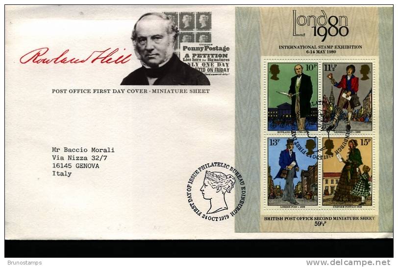 GREAT BRITAIN - 1979  SIR ROWLAND HILL  MINIATURE SHEET  FDC - 1971-1980 Decimal Issues