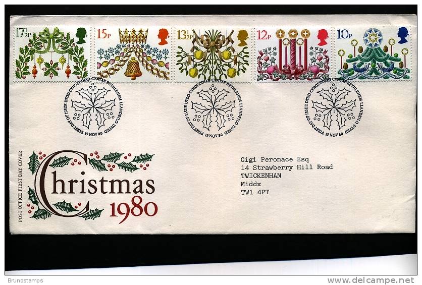 GREAT BRITAIN - 1980  CHRISTMAS  FDC - 1971-1980 Decimal Issues