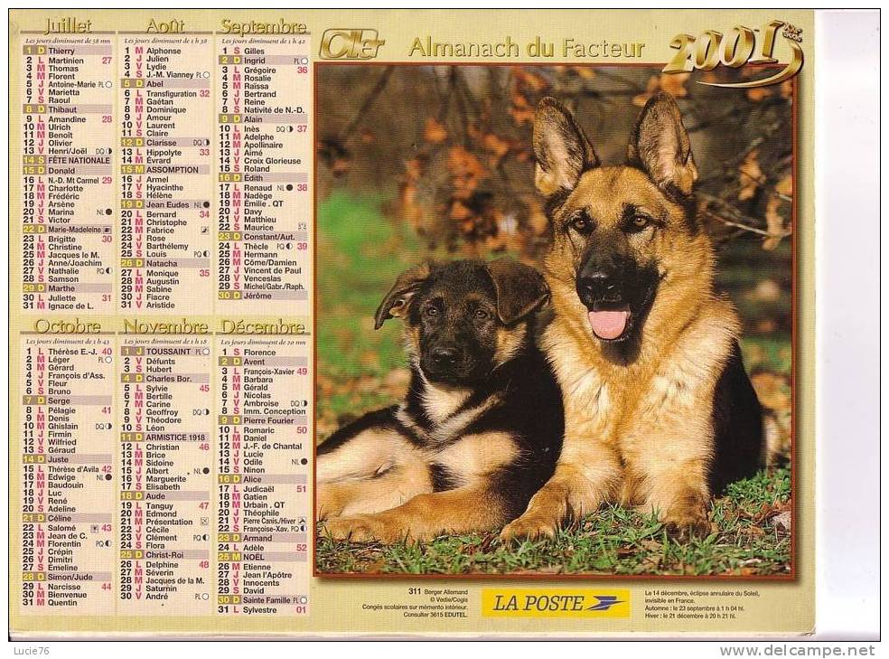 ALMANACH DU FACTEUR -   OLLER  -  2001 -  BERGER ALLEMAND -  CHEVAUX PUR SANG ARABES - Grand Format : 2001-...