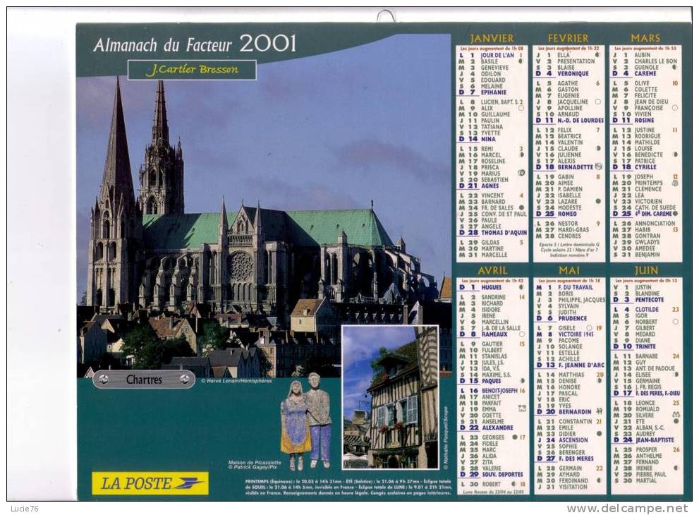ALMANACH  Du FACTEUR -  2001 -  METZ :  Place De La Comédie Et Palais Du Gouverneur - CHARTRES   : Cathédrale Et Maison - Grossformat : 2001-...