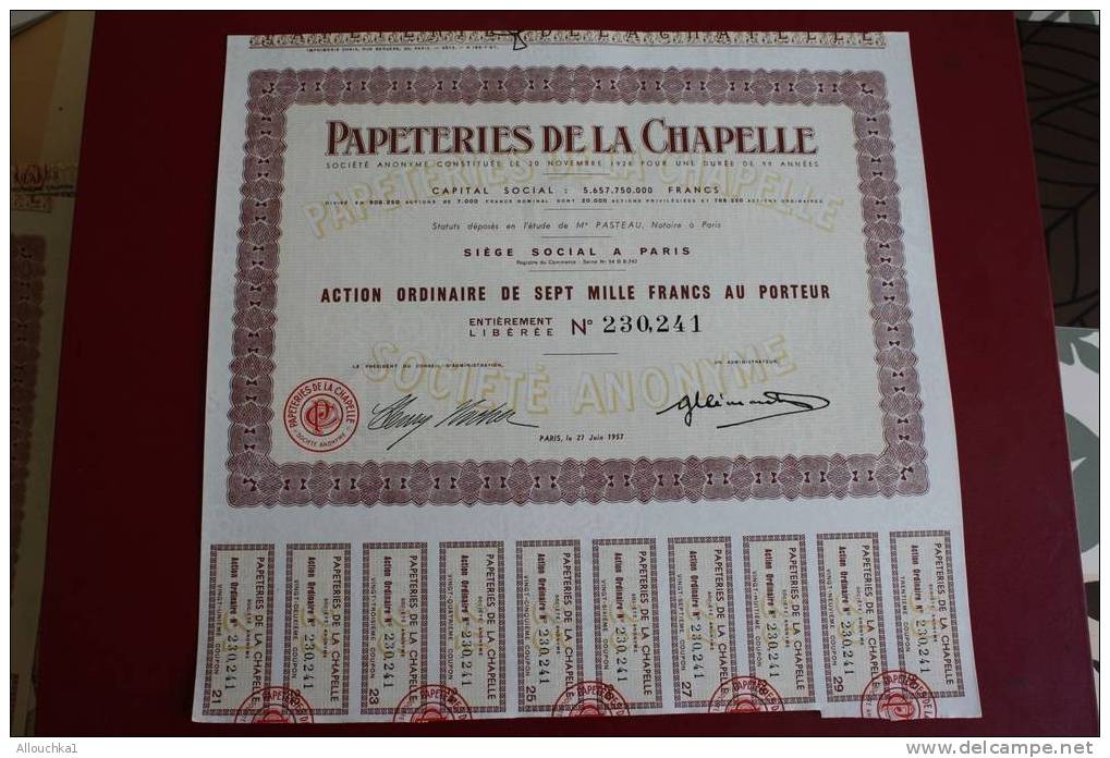 1957 SCRIPOPHILIE TITRE OU ACTION ORDINAIRE 7000 FRANCS PAPETERIE DE LA CHAPELLE - Industrie