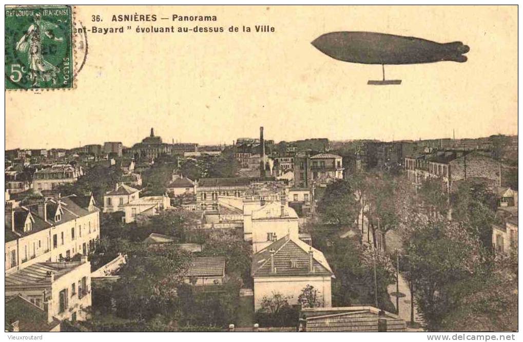 CPA.  ANIMEE. ASNIERES. PANORAMA "....ENT BAYARD" EVOLUANT AU DESSUS DE LA VILLE. DATEE 1911. - Asnières-sur-Oise