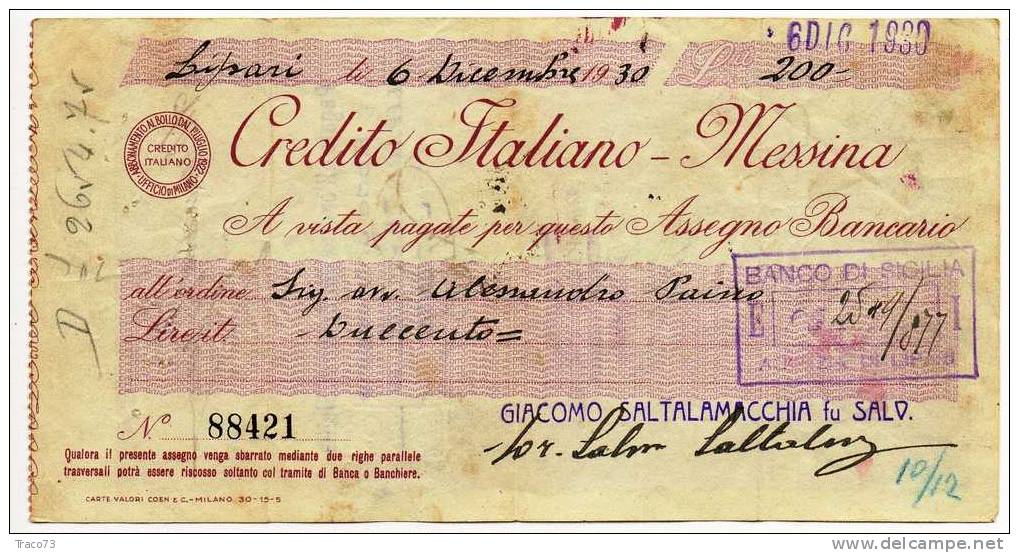 CREDITO ITALIANO - MESSINA EMISSIONE LIPARI  6 Dic. 1930 -  ASSEGNO BANCARIO / Lire 200 - Autres & Non Classés