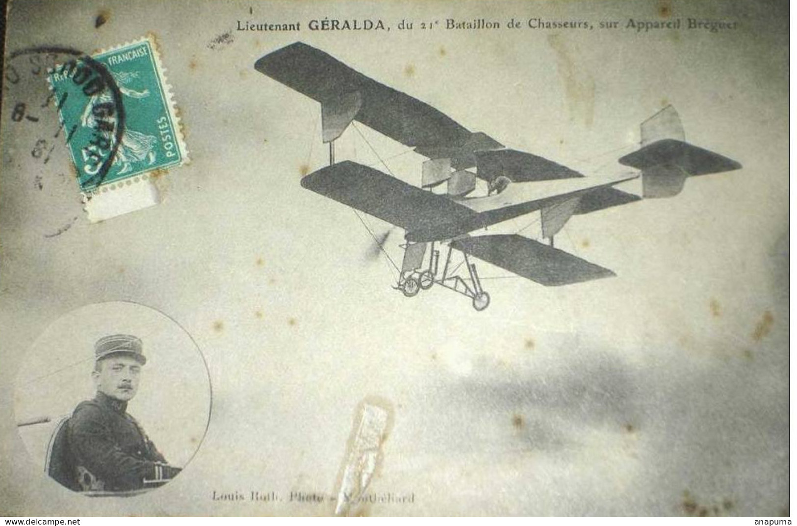 Carte Postale Voyagée 1911 Pilote Lieutenant GERALDA 21 Bataillon De Chasseurs Sur Bréguet - Luchtvaart