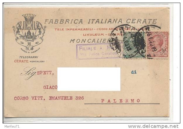 Piemonte MONCALIERI Torino Pubblicitaria Cerate 1920 Viaggiata - Moncalieri