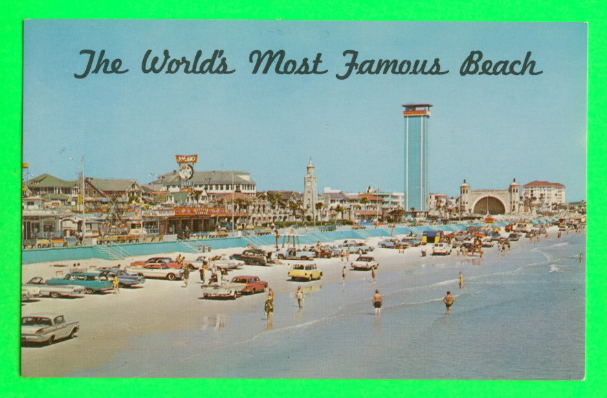 DAYTONA BEACH, FL. - NEW OBSERVATION TOWER - ANIMATED OLD CARS -  PUB. BY EAMES DISTRIBUTOR CO - - Daytona