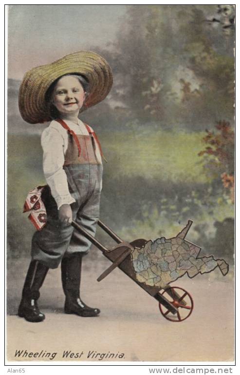 Wheeling West Virginia, Child With Wheelbarrow Map Of State, Humor, On 1910s Vintage Postcard - Wheeling