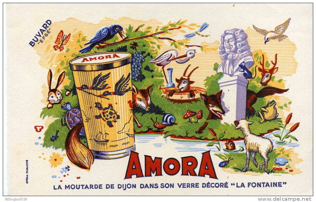 BUVARD PUBLICITAIRE POUR LA MOUTARDE AMORA. LA MOUTARDE DE DIJON DANS SON VERRE DECORE LA FONTAINE. Années 1950 / 60 - Senape