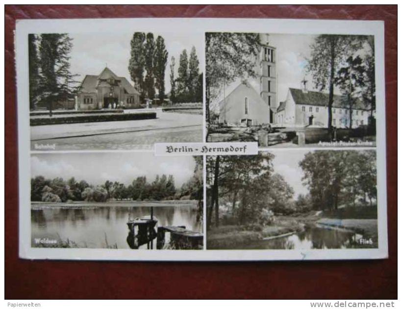 Berlin Hermsdorf - Mehrbildkarte Bahnhof Kirche Waldsee Fließ - Reinickendorf