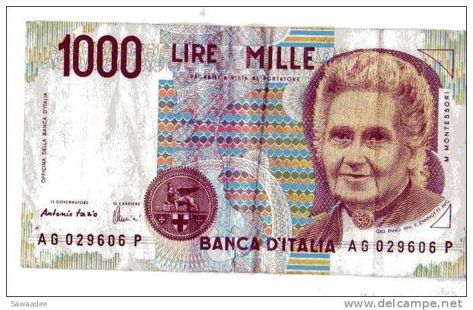 BILLET ITALIE - P.114 - 1000 LIRES - 1990 - M. MONTESSORI - 1.000 Lire