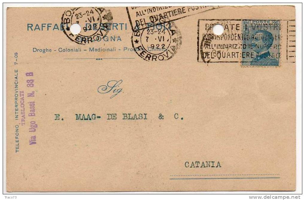 BOLOGNA  07.06.1922 - Card Cartolina " Ditta  RAFFAELE DESERTI "   Firma - Cent. 25 Isolato - Publicity