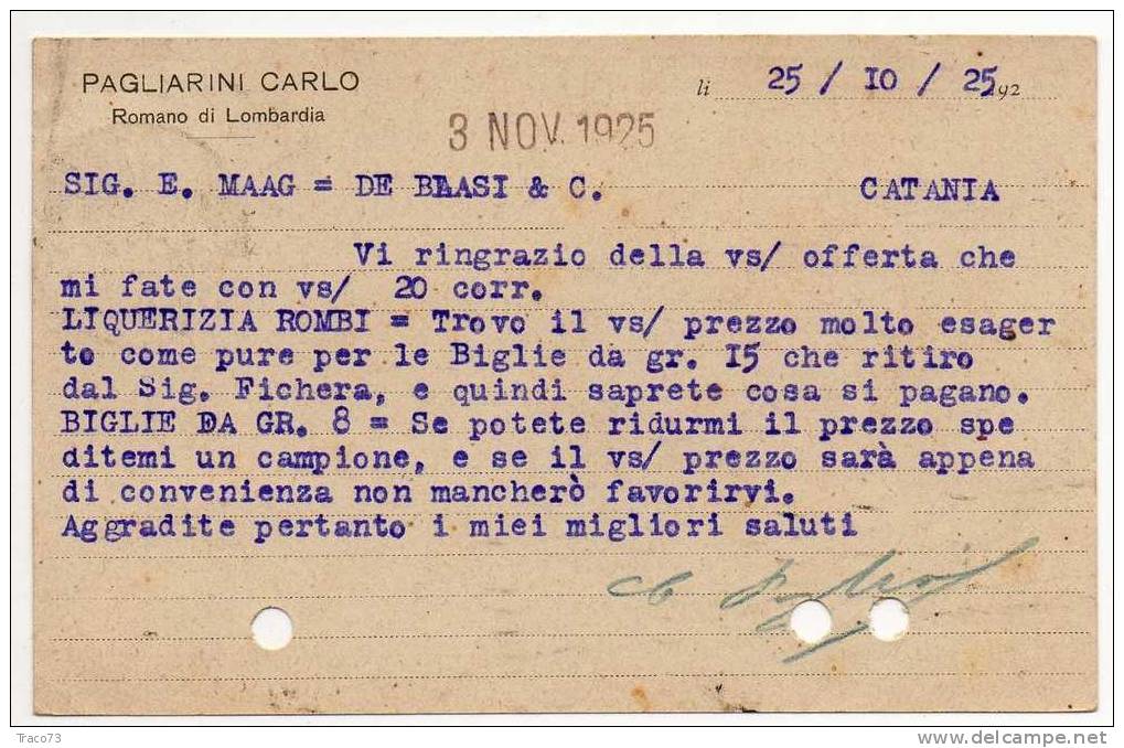 ROMANO DI LOMBARDIA  28.10.1925 - Card Cartolina " Ditta PAGLIARINI CARLO "   Firma - Cent. 40 Isolato - Publicity