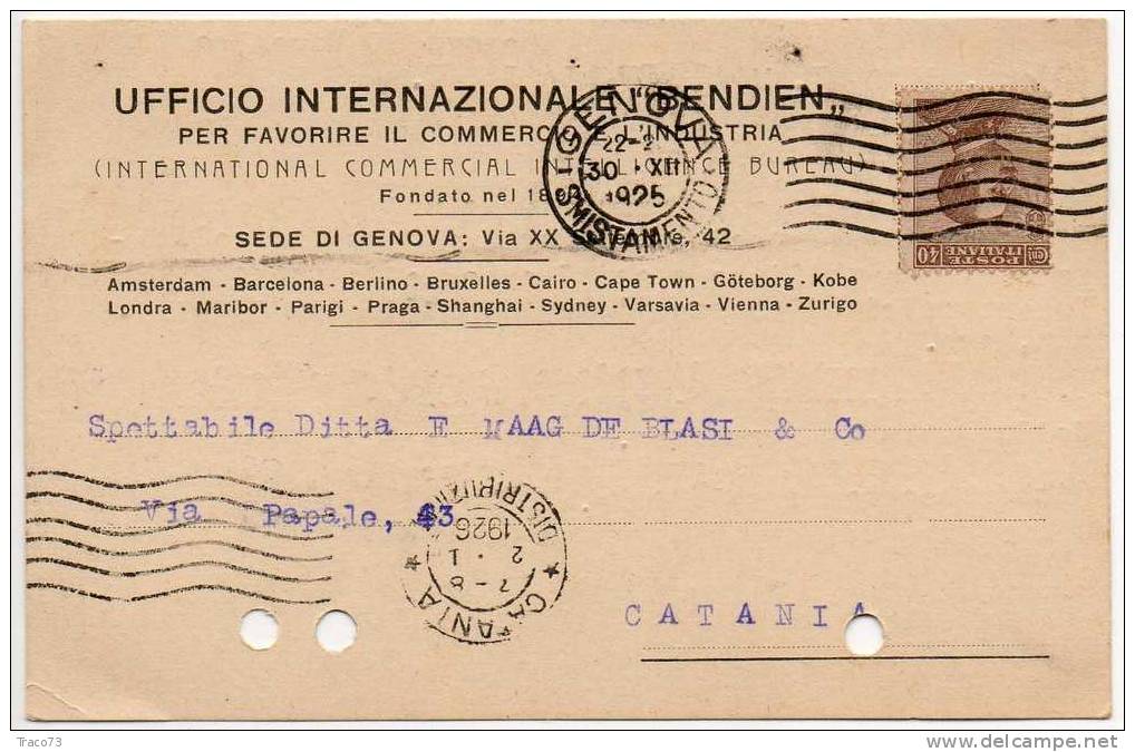 GENOVA  30.12.1925 - Card Cartolina - UFFICIO INTERNAZIONALE "BEMNDIEN" -  Cent. 40 Isolato - Publicity