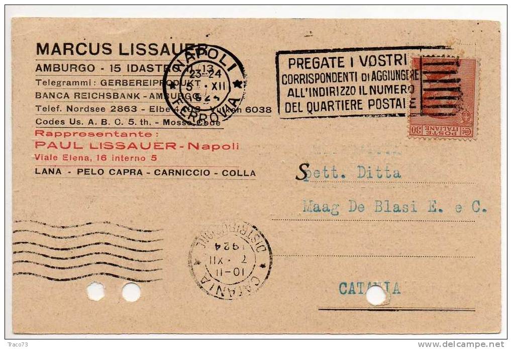 NAPOLI  05.12.1924 - Card Cartolina - "Ditta MAAG DE BLASI E. E C."   Firma - Cent. 30 Isolato - Publicity