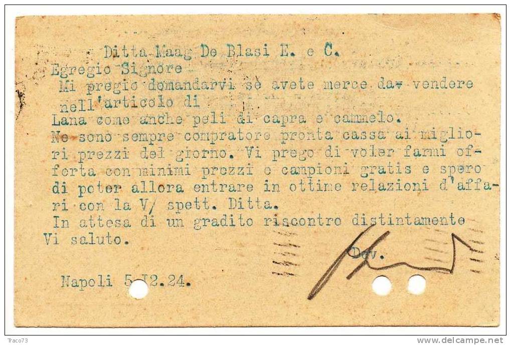 NAPOLI  05.12.1924 - Card Cartolina - "Ditta MAAG DE BLASI E. E C."   Firma - Cent. 30 Isolato - Publicity