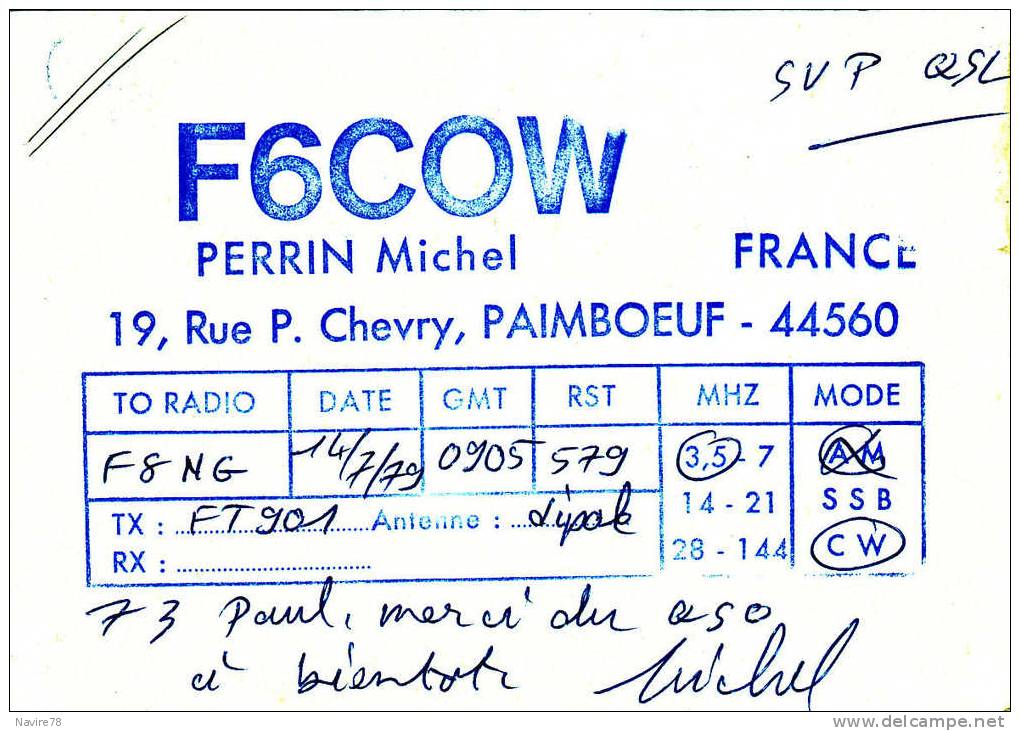 44 PAIMBOEUF.  CARTE RADIO AMATEUR. Rue Chevry. - Paimboeuf