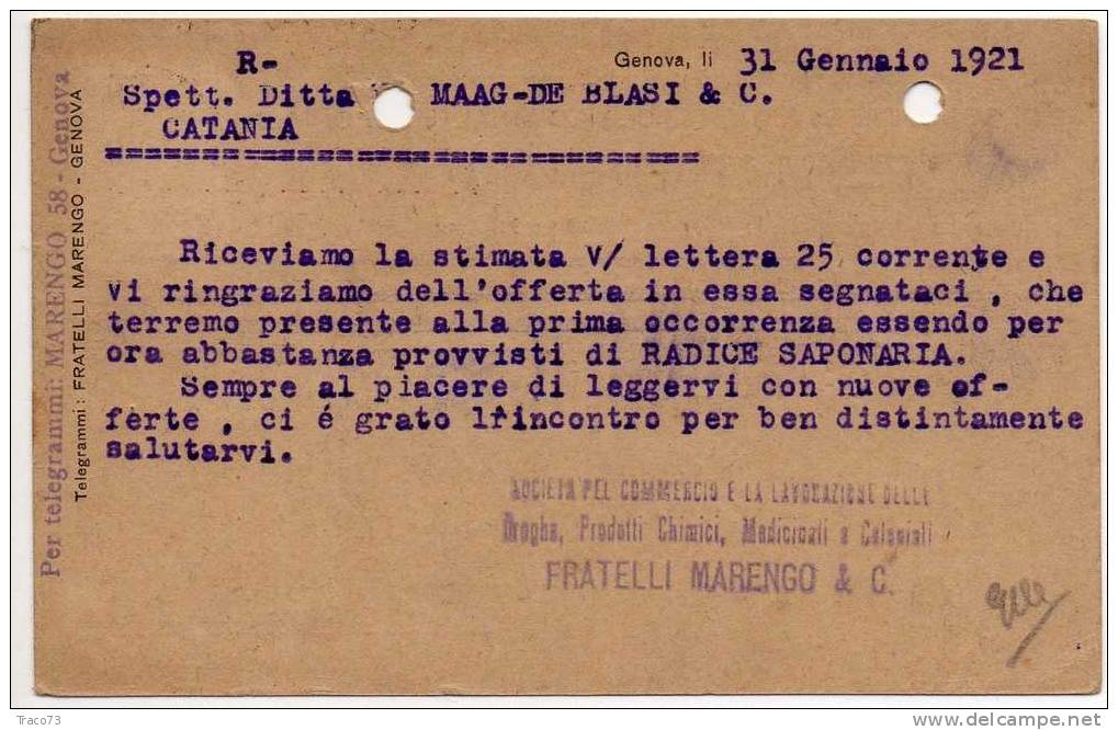 GENOVA  31.01.1921 - Card Cartolina - "Ditta  F.lli MARENGO & C. "  Timbro Lineare - Reklame