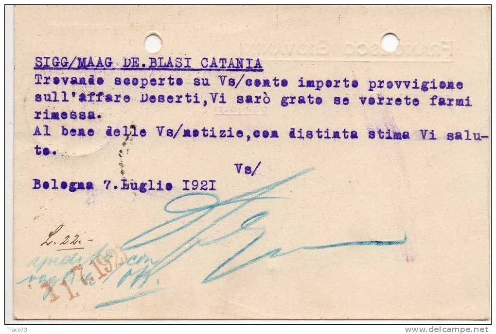 BOLOGNA  07.07.1921 - Card Cartolina - " Ditta  FRANCESCO GIOVANNI "  Firma  RR - Publicity