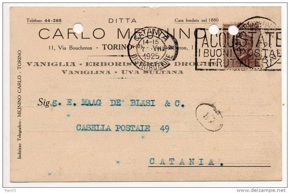 TORINO  05.08.1925 - Card Cartolina - " Ditta  CARLO MEJNINO "  Firma  RR - Publicity