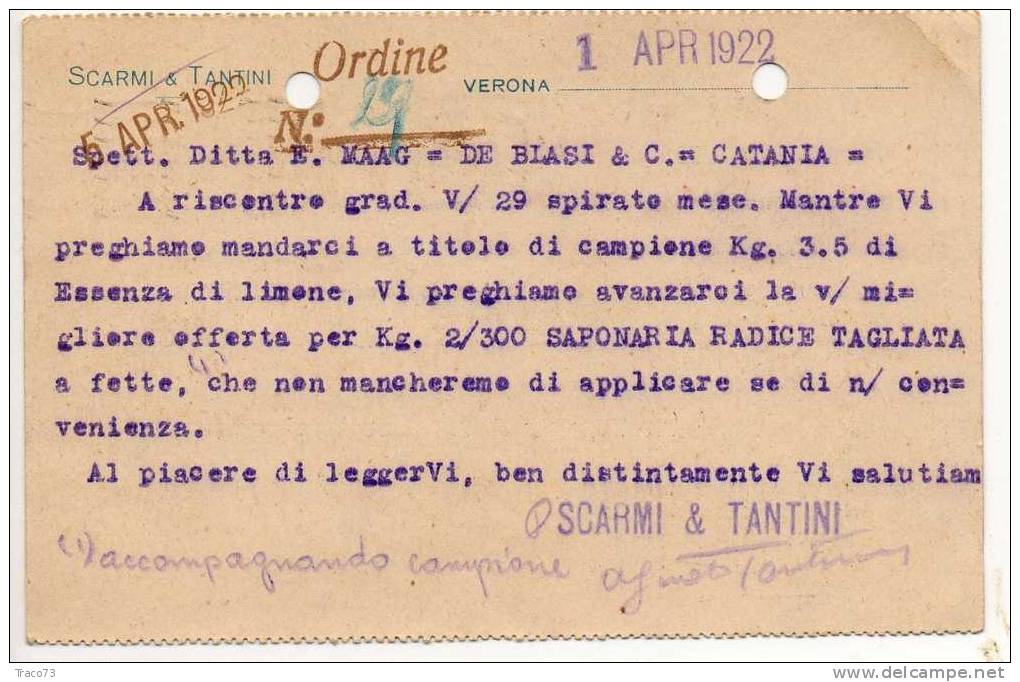 VERONA  01.04.1922 - Card Cartolina - " Ditta  SCARMI & TANTINI "  Firma  RR - Publicity