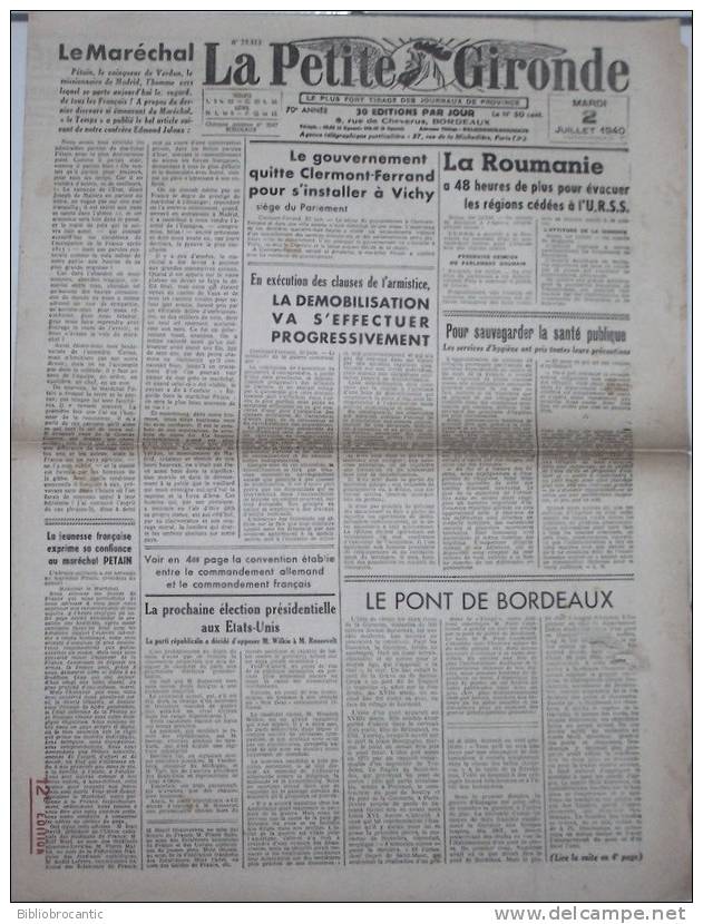 JOURNAL "LA PETITE GIRONDE" Du 2 Juillet 1940 - MARECHAL PETAIN+GOUVERNEMENT QUITTE CLERMONT-FERRAND POUR VICHY  Etc... - Encyclopedieën